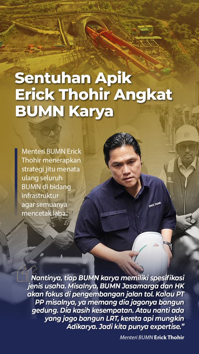 Sentuhan Apik Erick Thohir angkat BUMN Karya.

Selain restrukturisasi utang, <a href="/erickthohir/">Erick Thohir</a> mengatakan bahwa ke depannya ia akan melakukan restrukturisasi jenis usaha sehingga memperkecil persaingan antar-BUMN.

#GanjarErickDuetTerbaik 
google.com/amp/s/www.cnbc…
