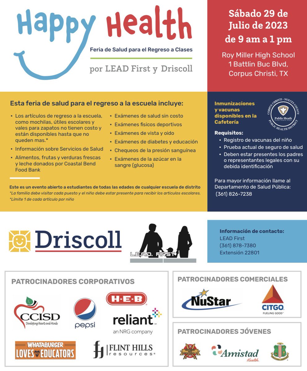 Don’t miss this event!  Our annual LEAD First Health and Back to School Fair is right around the corner.  Get your FREE clear backpacks, school supplies, health screenings, and immunizations. Thank you to Driscoll for the sponsorship and partnership.  We expect a large turnout!