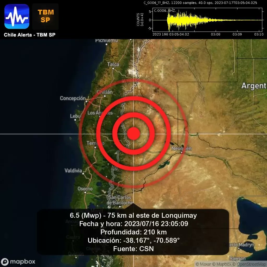 Alarma de nuevo sismo. 🇨🇱
6.5 (Mwp) - 75 km al este de Lonquimay.
2023/07/16 23:05:09
App: goo.gl/XWHGvS

#Lonquimay #earthquake #sismo #temblor #terremoto #CSN #GUC #AirFeed