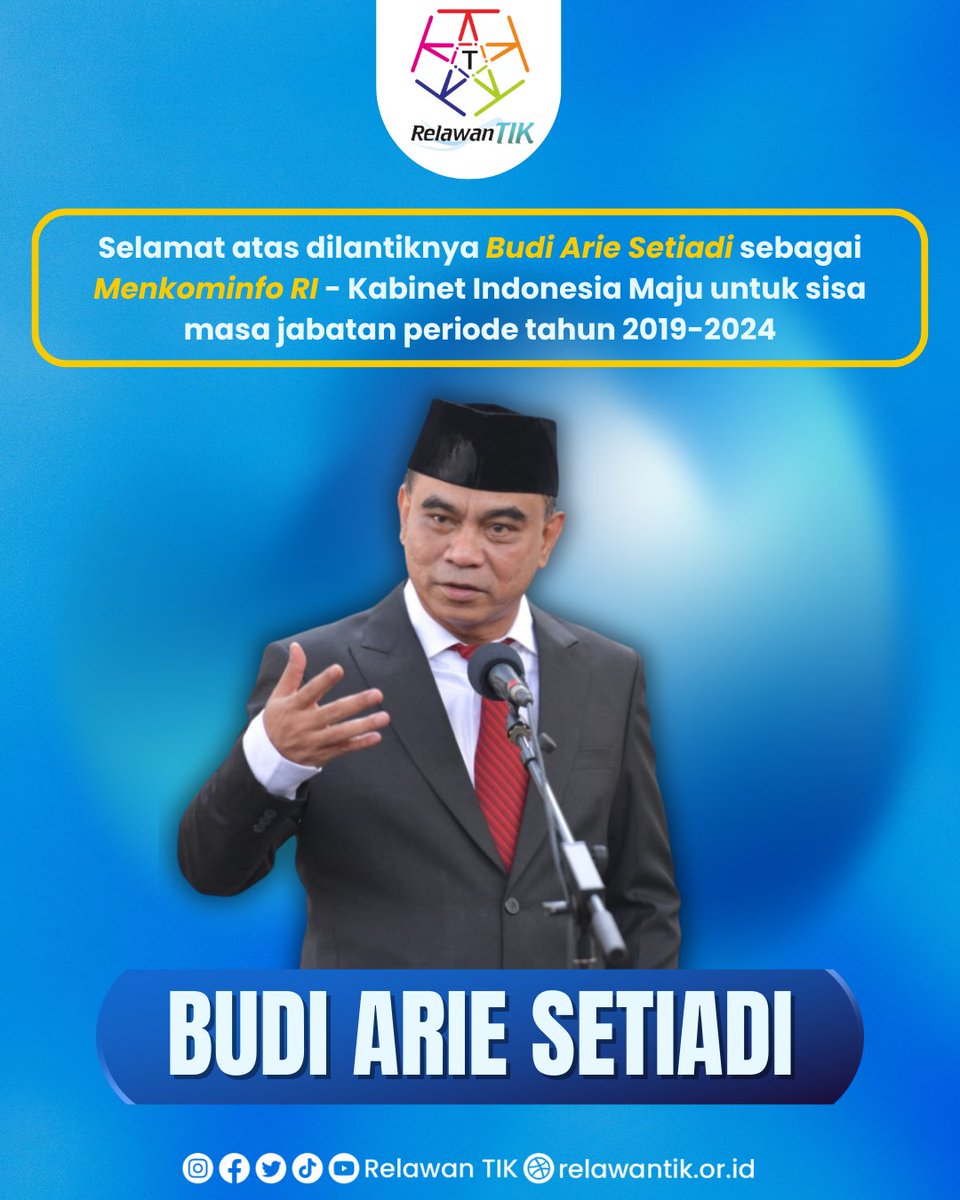 Selamat kepada Bapak Budi Arie Setiadi <a href="/budiariesetiadi/">budi arie setiadi</a> sebagai Menteri Komunikasi dan Informatika RI di Kabinet Indonesia Maju untuk sisa masa jabatan periode tahun 2019-2024.

#banggajadirelawantik #menkominfo #relawantik