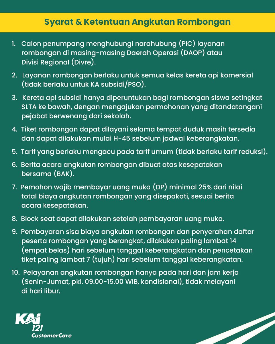 KAI121's tweet photo. Selamat pagi Kak Dimas. Informasi lengkap mengenai ketentuan pemesanan tiket rombongan, silakan cek postingan Railmin berikut ya https://t.co/xY4IQL3LZj.

Railmin imbau untuk selalu hati-hati ya, terhadap akun penipuan yang mengatasnamakan KAI. Saat ini, seluruh akun media sosial KAI121 sudah terverifikasi. Mohon abaikan, jika ada balasan dari akun yang tidak bercentang emas dan meminta kakak untuk menghubungi via WhatsApp. Nomor resmi WhatsApp KAI121 (centang biru): 0811-2223-3121. Trims.