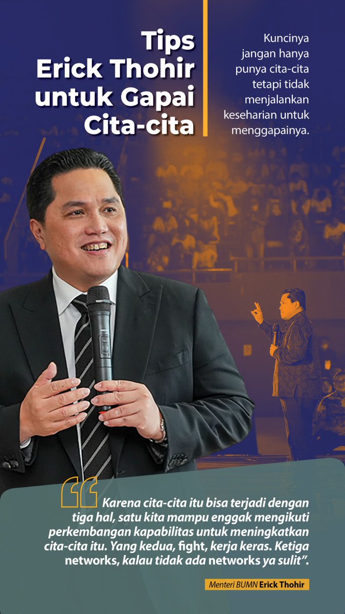 Jangan hanya diam, jalankan !!

Tips <a href="/erickthohir/">Erick Thohir</a> untuk gapai cita-cita.
- Mampu mengikuti perkembangan kapabilitas
- Kerja keras
- Networks.

#GueBarengErickThohir
