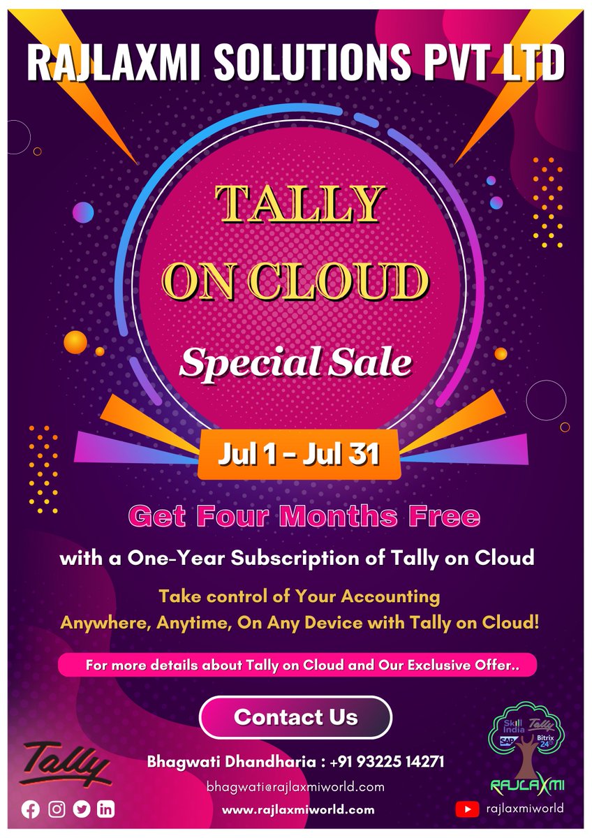 rajlaxmiworld's tweet image. Get more with Tally on cloud, Get an Extra Months on Annual Subscription

#tallynewupdates #amcservice #TallyAddon #rspl #rajlaxmisolutions #RajlaxmiSolutionsPvtLtd #offer #specialsale #tallyoncloud #tallyoncloudsale
#tallyoncloudoffer #tallyoncloudsubscription #tallyprime3