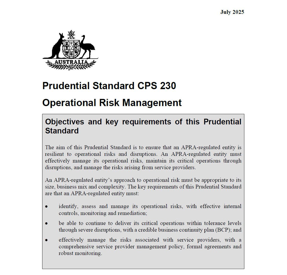 APRA released the final new cross-industry Prudential Standard CPS 230 Operational Risk Management (CPS 230). The new standard is designed to strengthen the management of operational risk, respond to business disruptions. aml.bz/3PXO1DE