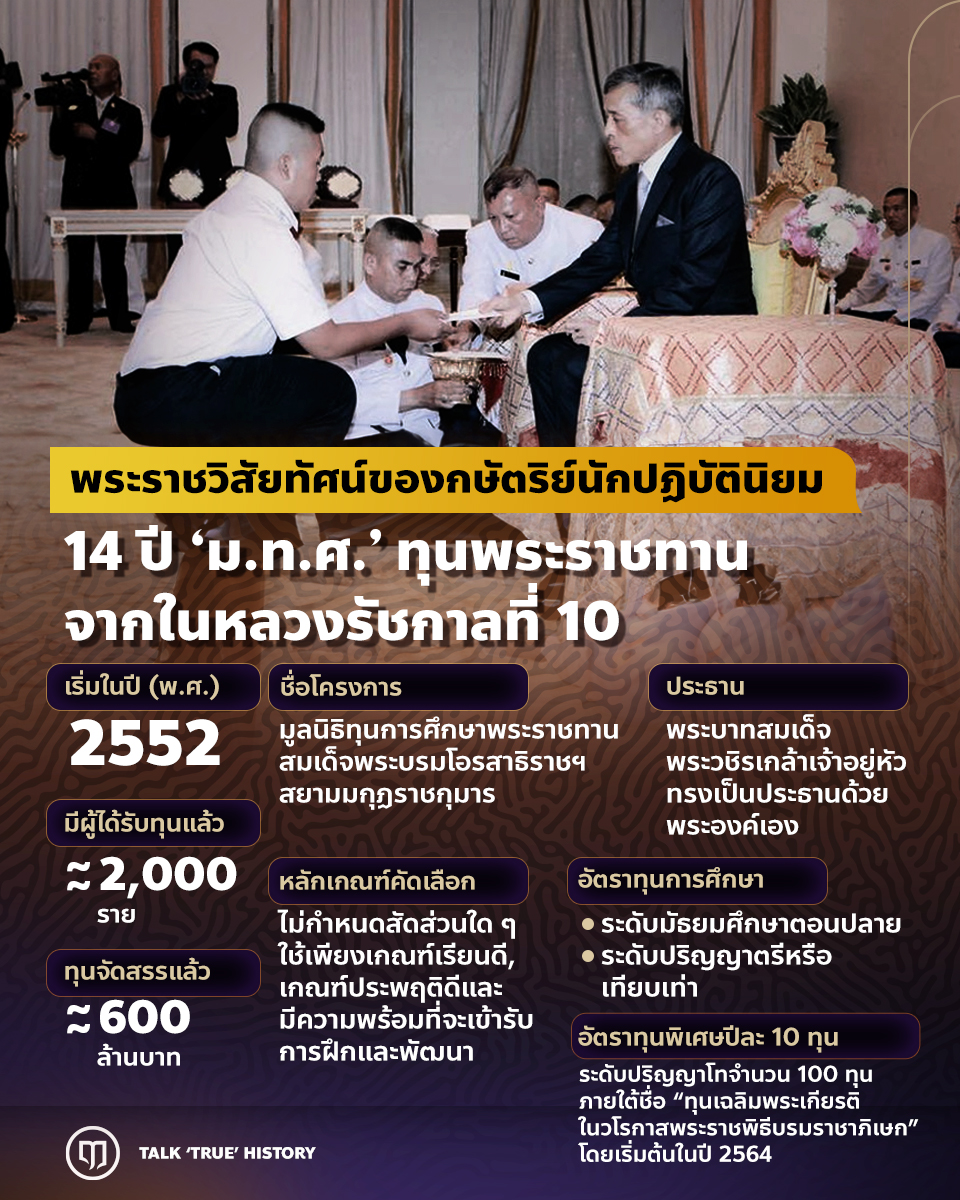 Luehistory_th's tweet photo. เมื่อครั้ง ในหลวงรัชกาลที่ 10 ยังทรงดำรงพระอิสริยยศเป็น สมเด็จพระบรมโอรสาธิราชฯ สยามมกุฎราชกุมาร ในปี พ.ศ.2552 ทรงมีพระราชดำริให้พระราชทานพระราชทรัพย์ส่วนพระองค์กับเงินบริจาคโดยเสด็จพระราชกุศล มาใช้ให้เกิดประโยชน์สูงสุด จึงเป็นที่มาของโครงการทุนการศึกษา สมเด็จพระบรมโอรสาธิราชฯ สยามมกุฎราชกุมาร ซึ่งทรงมีพระราชปณิธานการสร้างโอกาสให้กับเยาวชน โดยเฉพาะในด้านการศึกษา เพื่อให้เยาวชนที่มีความพ��กเพียรในการศึกษาแต่ขาดโอกาส ได้มีโอกาสที่จะศึกษาในระดับมัธยมศึกษาตอนปลายต่อเนื่องไปจนถึงระดับปริญญาตรี

โดยนับแต่ปี พ.ศ. 2552 จนถึงปัจจุบัน มีนักเรียนผู้ได้รับทุนการศึกษาพระราชทาน ได้รับโอกาสทางการศึกษาแล้วประมาณ 2,000 ราย เงินทุนพระราชทานได้จัดสรรไปแล้วมากกว่า 600 ล้านบาท

โครงการทุนฯ ได้ริเริ่มดำเนินการในรูปแบบมูลนิธิ ภายใต้การบริหารงานของ “มูลนิธิทุนการศึกษาพระราชทานสมเด็จพระบรมโอรสาธิราชฯ สยามมกุฎราชกุมาร” (ม.ท.ศ.) มาตั้งแต่เมื่อวันที่ 4 กุมภาพันธ์ 2553 โดยพระบาทสมเด็จพระวชิรเกล้าเจ้าอยู่หัว ทรงเป็นองค์ประธานกรรมการมูลนิธิด้วยพระองค์เอง ตั้งแต่แรกเริ่มจวบจนถึงปัจจุบัน

นอกจากพระราชทานพระราชทรัพย์ส่วนพระองค์กับเงินบริจาคโดยเสด็จพระราชกุศลแล้ว เงินทุนของมูลนิธิยังมาจากรายได้อื่นๆ อีกหลายประการ ซึ่งได้รับกา��สนับสนุนจากทั้งหน่วยงานภาครัฐ รัฐวิสาหกิจ และเอกชนในรูปแบบต่างๆ จนทำให้ในปัจจุบัน ทุนพระราชทาน ได้จัดอัตราทุนทั้งในระดับมัธยมศึกษาตอนปลายทั้งสายสามัญและสายอาชีพ และในระดับปริญญาตรีหรือเทียบเท่า รวมถึงการกำหนดวงเงินพระราชทานในระดับที่ช่วยให้นักเรียนสามารถเล่าเรียนได้อย่าง��่อเนื่องจนสำเร็จการศึกษาได้ โดยที่โครงการทุนฯ มีความสามารถในการดำเนินงานได้อย่างยั่งยืน สามารถสนับสนุนการศึกษาให้แก่เยาวชนที่ต้องการโอกาสได้อย่างต่อเนื่อง

นอกจากการศึกษาในระดับปริญญาตรีแล้ว เนื่องในวโรกาสพระราชพิธีบรมราชาภิเษก พ.ศ.2562 สำนักงาน ก.พ. ได้ทูลเกล้าฯ ถวายทุนรัฐบาล ก.พ. แด่พระบาทสมเด็จพระเจ้าอยู่หัว เพื่อสืบสานพระบรมราโชบายด้านการศึกษาตามโครง���ารทุนการศึกษาพระราชทาน ในชื่อทุน “ทุนเฉลิมพระเกียรติในวโรกาสพระราชพิธีบรมราชาภิเษก”

ทุนเฉลิมพระเกียรติฯ เป็นทุนการศึกษาระดับปริญญาโททั้งในและต่างประเทศ จำนวน 100 ทุน โดยคัดเลือกนักเรียนทุน ม.ท.ศ. เข้ารับทุนเฉลิมพระเกียรติฯ ปีละ 10 ทุน โดยเริ่มในปี พ.ศ.2564 เป็นรุ่นแรก และมีเงื่อนไขการชดใช้ทุนด้วยการกลับเข้ามารับราชการเป็นระยะเวลา 2 ปี

โครงการทุน ม.ท.ศ. ยึดหลักเกณ���์ 3 ประการในการคัดเลือกนักเรียน คือ เกณฑ์เรียนดี เกณฑ์ความประพฤติดี และเกณฑ์ความพร้อมที่จะเข้ารับการฝึกและพัฒนาศักยภาพ โดยมุ่งเน้นสนับสนุนการศึกษาในสาขาวิชาที่เป็นความต้องการของประเทศ โดยไม่กำหนดสัดส่วนชายหญิง ไม่กำหนดสัดส่วนจำนวนทุนแต่ละจังหวัด เพื่อมุ่งหวังให้เกิดการเสริมสร้างพื้นฐานชีวิตที่มั่นคง เข้มแข็ง และเสริมสร้างศักยภาพความสามารถการเรียนรู้ ให้นักเรียนนักศึกษาเติบโตเป็นคนดี มีคุณภาพ และดำรงตนเป็นคนดีของสังคม

โครงการทุนพระราชทาน ม.ท.ศ. มีหลักการและการดำเนินการอย่างไร ? รวมถึงมีการจัดสรรอัตราทุนในแต่ละระดับอย่างไรบ้าง ? อ่านรายละเอียดเพิ่มเติมได้ที่นี่ https://t.co/UYNFHuE7jv

เลือกติดตามช่องทางอื่น ๆ ของ Lue History ได้ที่นี่
https://t.co/sbofkUPdOs
#LueHistory #รัชกาลที่10 #ทุนพระราชทาน