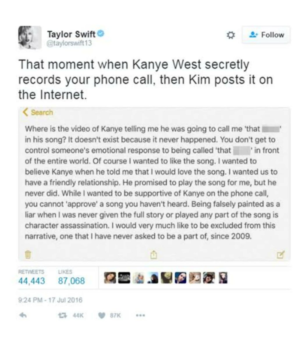 TheSwiftSociety's tweet photo. Throw🔙| 7 years ago today, @TaylorSwift13 posted about Kanye's 𝘪𝘭𝘭𝘦𝘨𝘢𝘭𝘭𝘺 recorded phone call.

— Years later, the unedited recording came out, proving that she didn't lie. https://t.co/YH9lAd9oNo