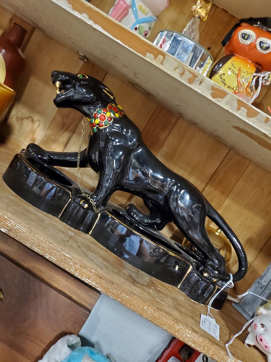 Wicked mid-century black panther planter - amazingly has its original chain and jewel toned cold paint! Booth #26, vendor code YES, at Fargo Antiques &amp; Repurposed Market

#vintage #mcm #mcmpottery #black #midcentury #blackcats #whyc #planters #seeyouatthefarm