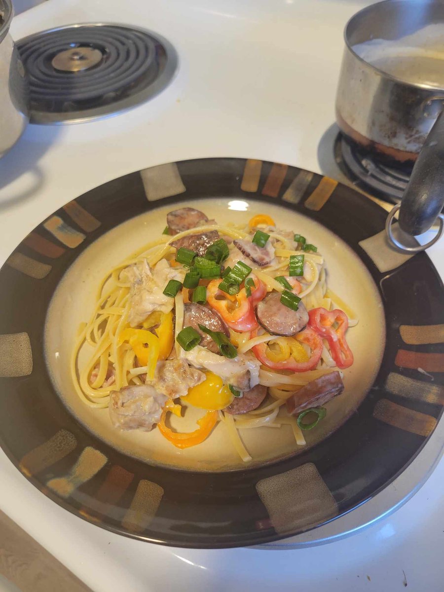 DoxRyan's tweet photo. Roommates' birthday dinner: Creole linguine with seasoned chicken thighs, center cut duroc bacon, sweet bell peppers, andouille sausage in a creamy four cheese sauce topped with green onions!
#backyardchef #Foodie #dinner https://t.co/SFZpZlABAU