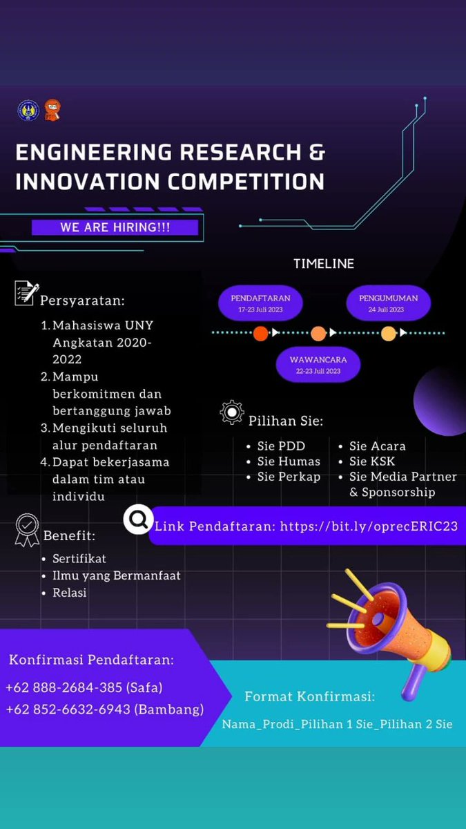 OPEN RECRUITMENT PANITIA 

ERIC merupakan event nasional yang diadakan oleh UKMF MATRIKS sebagai wadah bagi mahasiswa untuk menyalurkan ide dan gagasan kreatifnya dalam bentuk karya ilmiah. 
⬇️ Link Pendaftaran ⬇️
bit.ly/oprecERIC23

#mahasiwauny #karyatulisilmiah #kti
