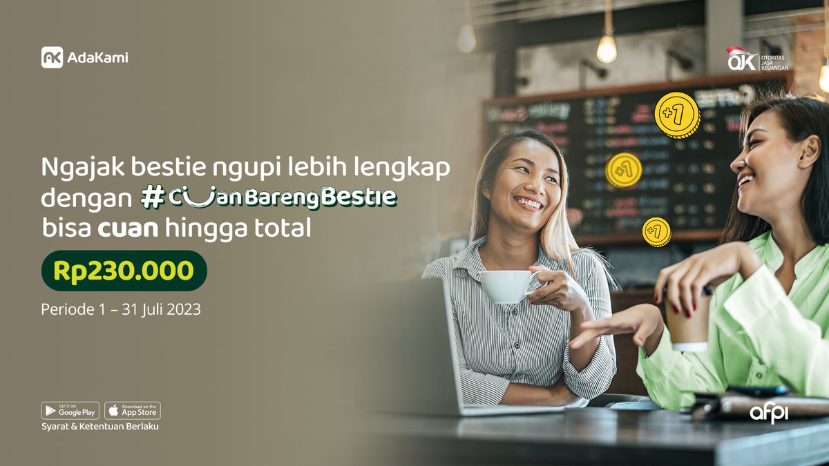 adakamiofficial's tweet photo. Malem ini mau ngupi sambil ngerumpi bareng bestie? Yuk, lengkapi keseruanmu dengan ajak #CuanBarengBestie, karena undang satu bestie aja bisa cuan total hingga Rp230.000!
#AdaKami #SelaluAdaBuatKamu #CuanBarengBestie #Nongkrong #Bestie #Catchup #Ngobrol #Ngerumpi https://t.co/hIvCqCs6eO