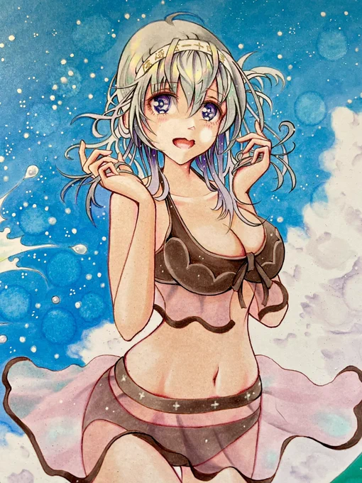 完成…って言ったけどまだ描いてた  波しぶきのホワイトを足したり…肌の線に赤味を加えたり。。。  定着スプレー吹いちゃったからもうここまで…かな。