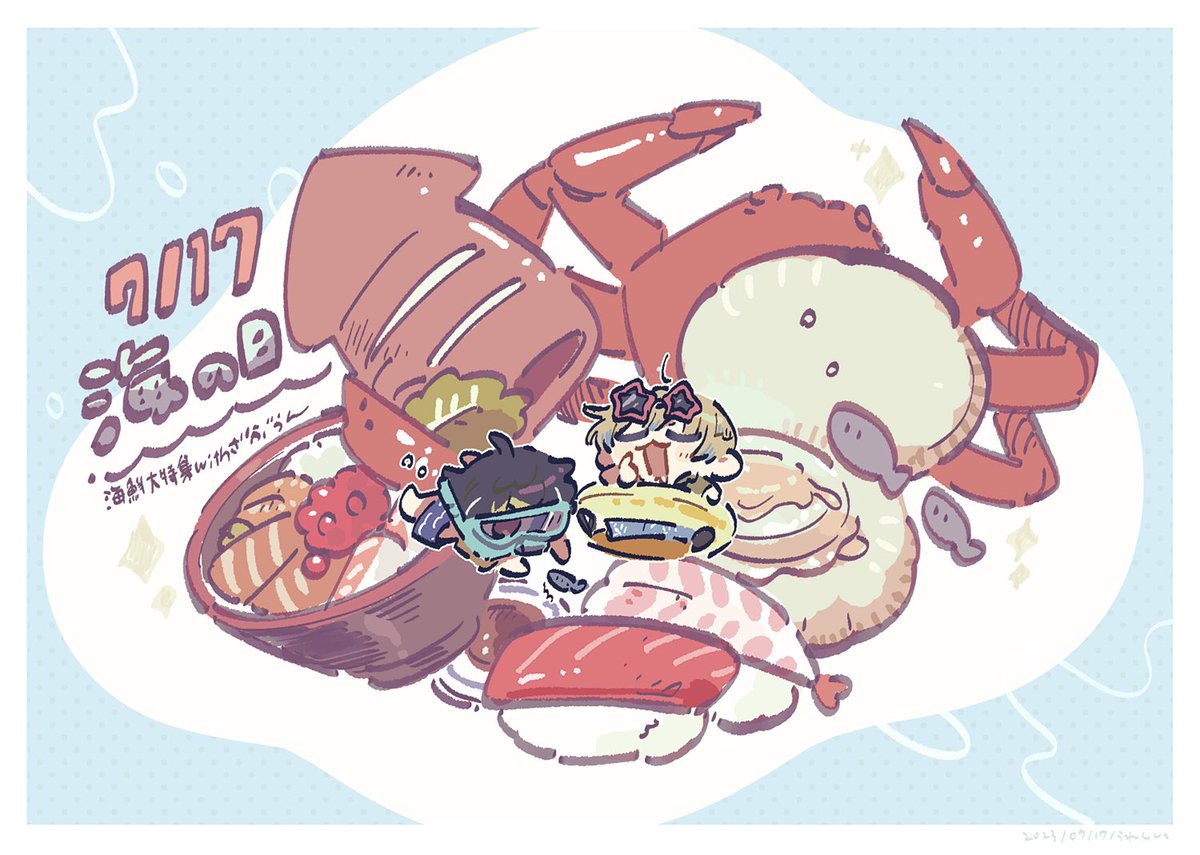 blonde hair food goggles snorkel chibi open mouth crab  illustration images