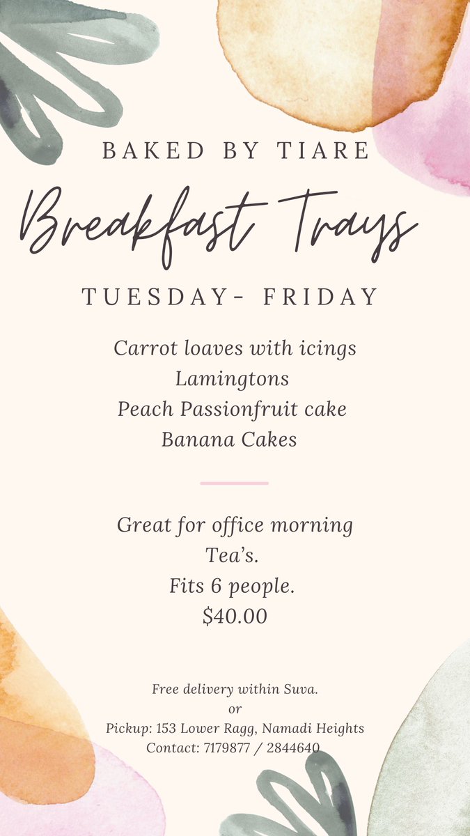 BakedbyTiare's tweet photo. Got nothing planned for your Office Morning Teas? We have breakfast trays up for grabs this whole week. Offering free delivery within Namadi, Nabua, Vatuwaqa and Suva areas.

Dm to book and which option you’d like. 

Accepting: Mpaisa, Cash &amp; IB https://t.co/5ol9JQ9RiU
