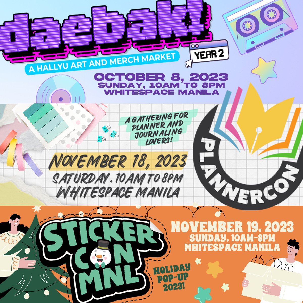 StickerConMNL's tweet photo. 📢 Calling all Hallyu fans, Planner and Journal lovers, and Sticker collectors! 📢

We're excited to announce 3 more exciting events before the year ends: https://t.co/8NhxwFVeBe