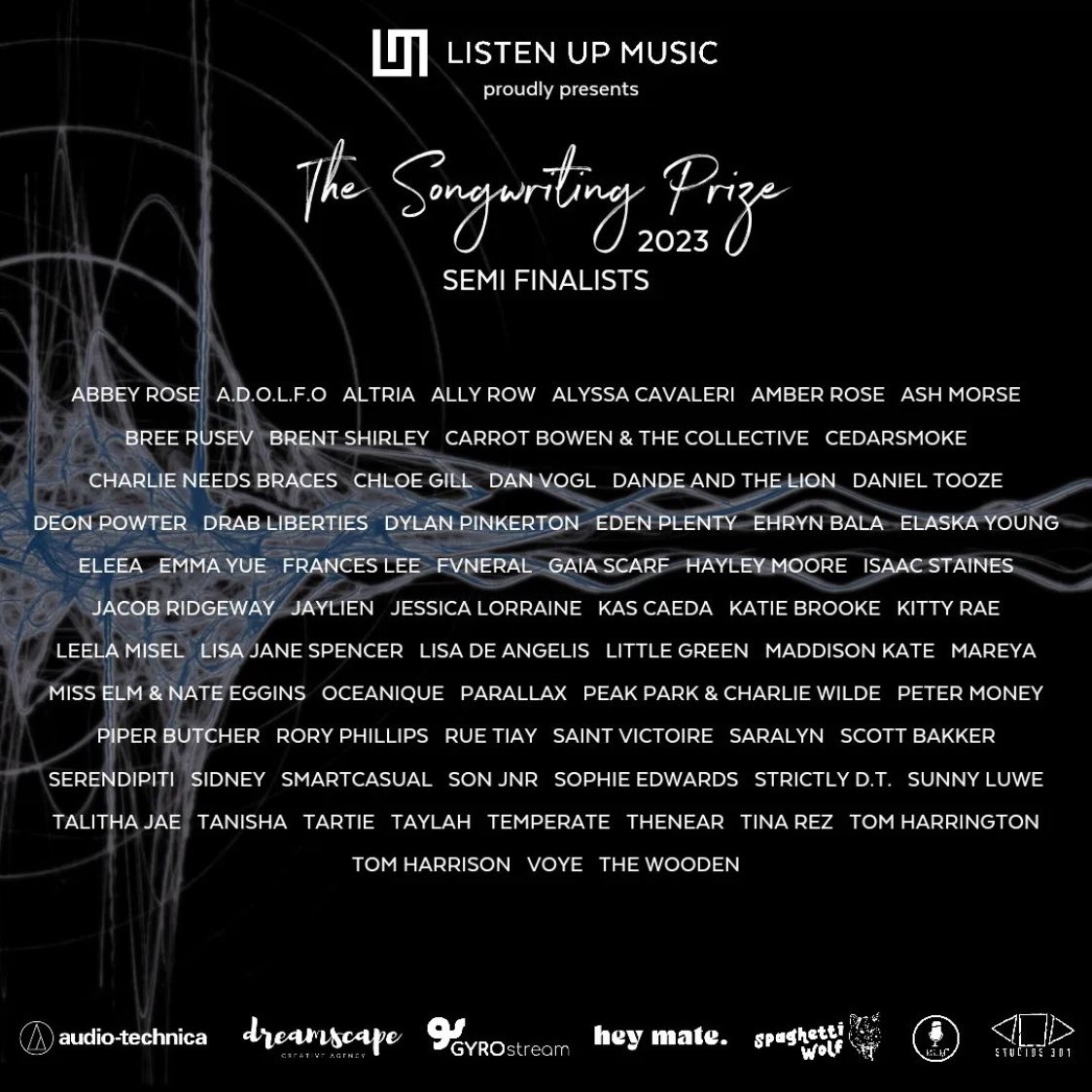 ListenUpMusic1's tweet photo. HUGE congrats to #TheSongwritingPrize semi-finalists for 2023! Come and support these exciting artists at our events happening in #Newcastle #Sydney #Melbourne (x2) #Wagga #Brisbane and #GoldCoast Tickets and info here: https://t.co/OpJTfZtAZD https://t.co/5xwQitkiow