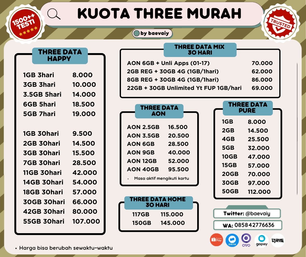 baevaiy's tweet photo. @auhealing 🔅HOT SALE KUOTA 3 THREE TRI🔅

30GB full kuota 24 jam 30 hari          66K
22GB + 30GB unlimited yt/30 hari   69K
8GB + 30GB 4G (1GB/hari) 30 hari   87K

- testi 1500++ cek pinned
- payment: all e-wallet, bca, qris

💌 https://t.co/bA7FLTaSOd https://t.co/HwT6ddsGiq