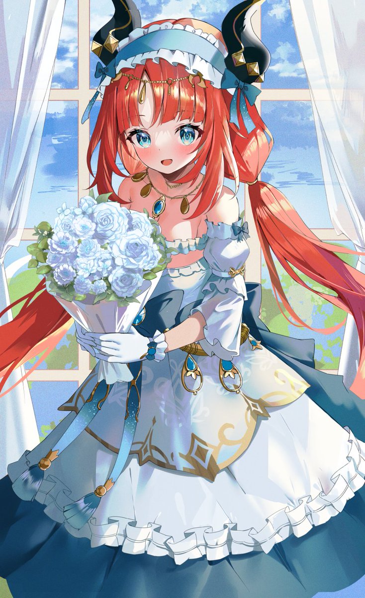 nilou (genshin impact) 1girl solo bouquet red hair horns gloves flower  illustration images
