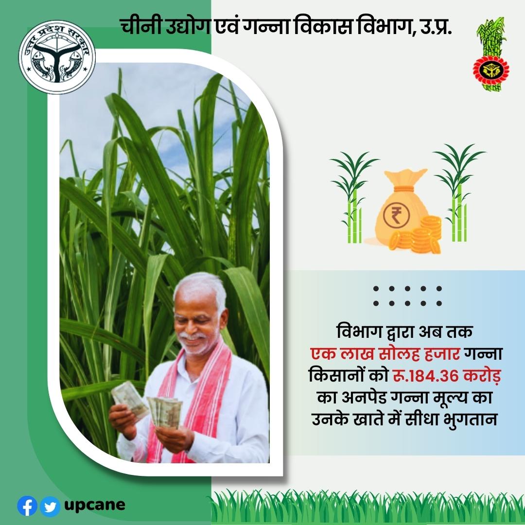 "विभाग द्वारा अब तक एक लाख सोलह हजार गन्ना किसानों को रू. 184.36 करोड़ का अनपेड गन्ना मूल्य का उनके खाते में सीधा भुगतान" <a href="/UPCane/">Cane Development UP</a> <a href="/UPGovt/">Government of UP</a> <a href="/CMOfficeUP/">CM Office, GoUP</a> <a href="/InfoDeptUP/">Information and Public Relations Department, UP</a>