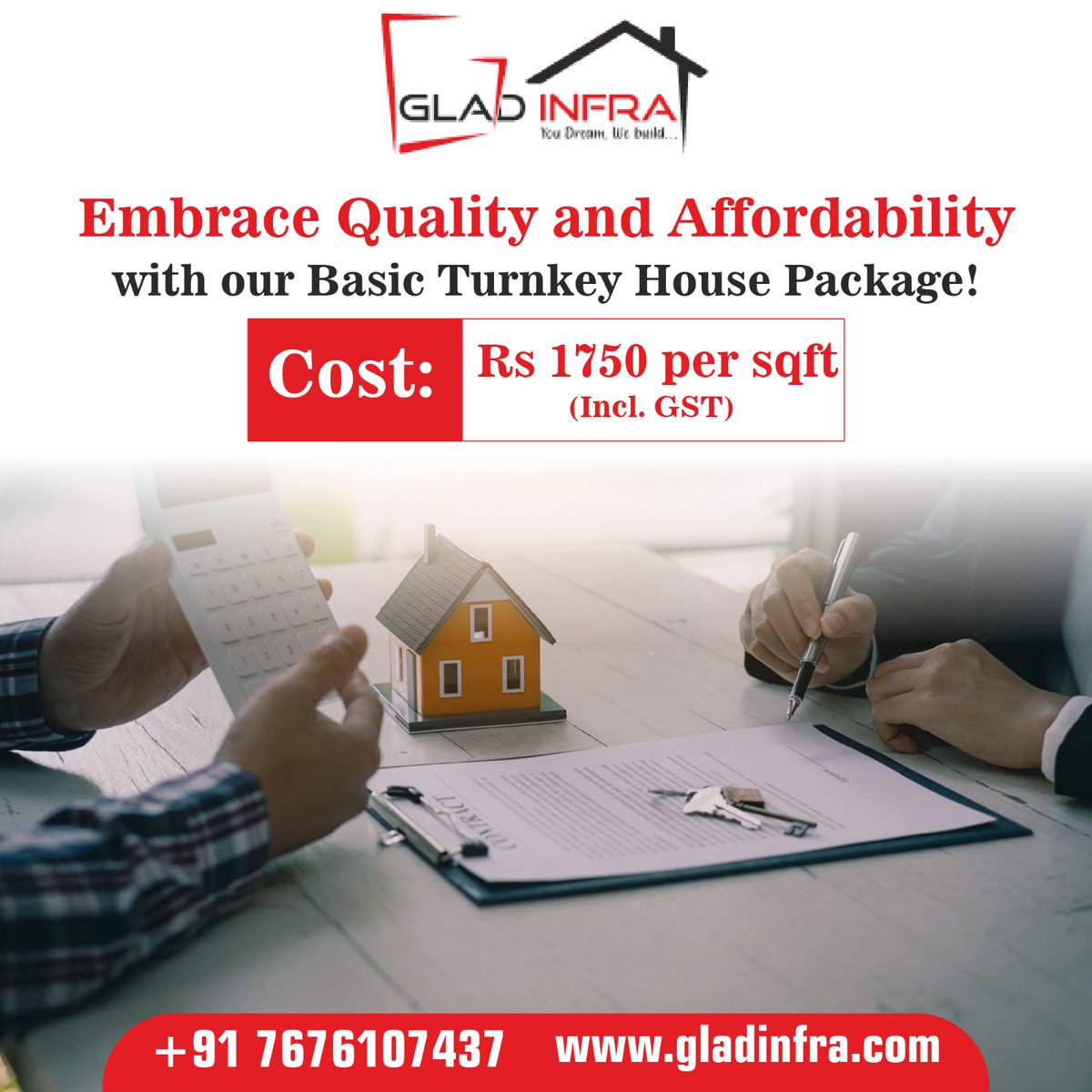 GladInfra's tweet photo. Embrace Quality and Affordability with Our Basic Turnkey House Package! Cost: Rs 1750 per sqft (Incl. GST) 
https://t.co/5nbcPfM82D | +91 7676107437  
#GladInfra #GladInfraConstruction #QualityConstruction #InnovativeSpaces #DreamBuilders #ConstructionExperts #ReliableContractor https://t.co/wrUi4TJs5q