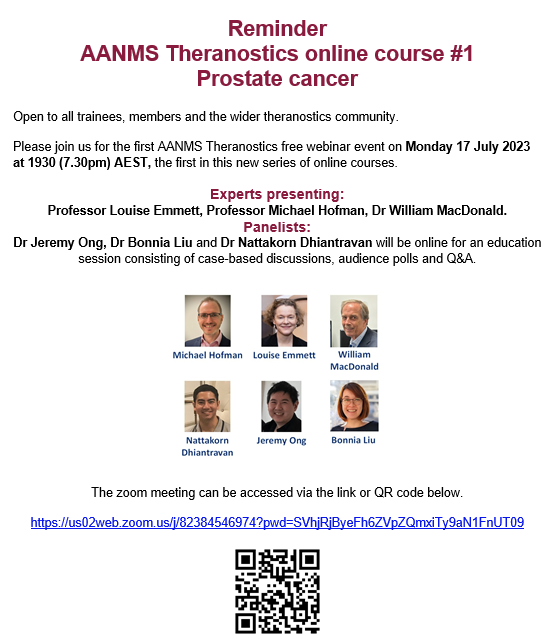 👉Last minute reminder - AANMS Theranostics online course starts in a few hours - tonight 7.30pm AEST. 👉Please join our interactive session on Prostate Cancer with an expert panel. 👉QR code and zoom link attached #nuclearmedicine #theransotics