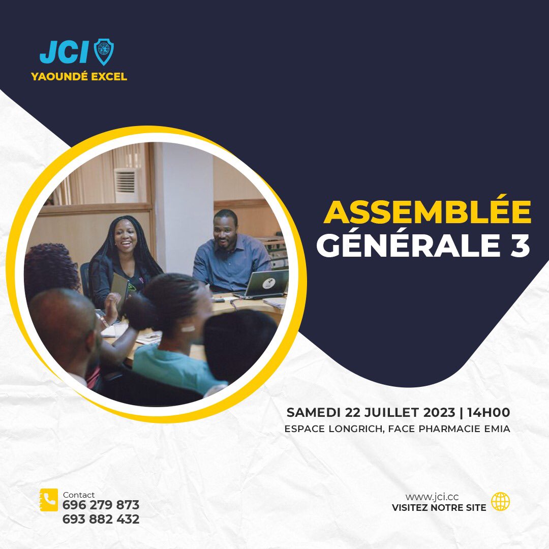 JciYaoundExcel's tweet photo. Chers jeunes âgées de 18 à 40 ans rejoignez-nous ce samedi 22 juillet 2023, pour notre AGL3 incluant la formation: « Comment postuler dans une ONG ».

#JCI 
#LeadingByAction
#InvestWithPassion
#GuidedByPurpose https://t.co/IsihT1PEav
