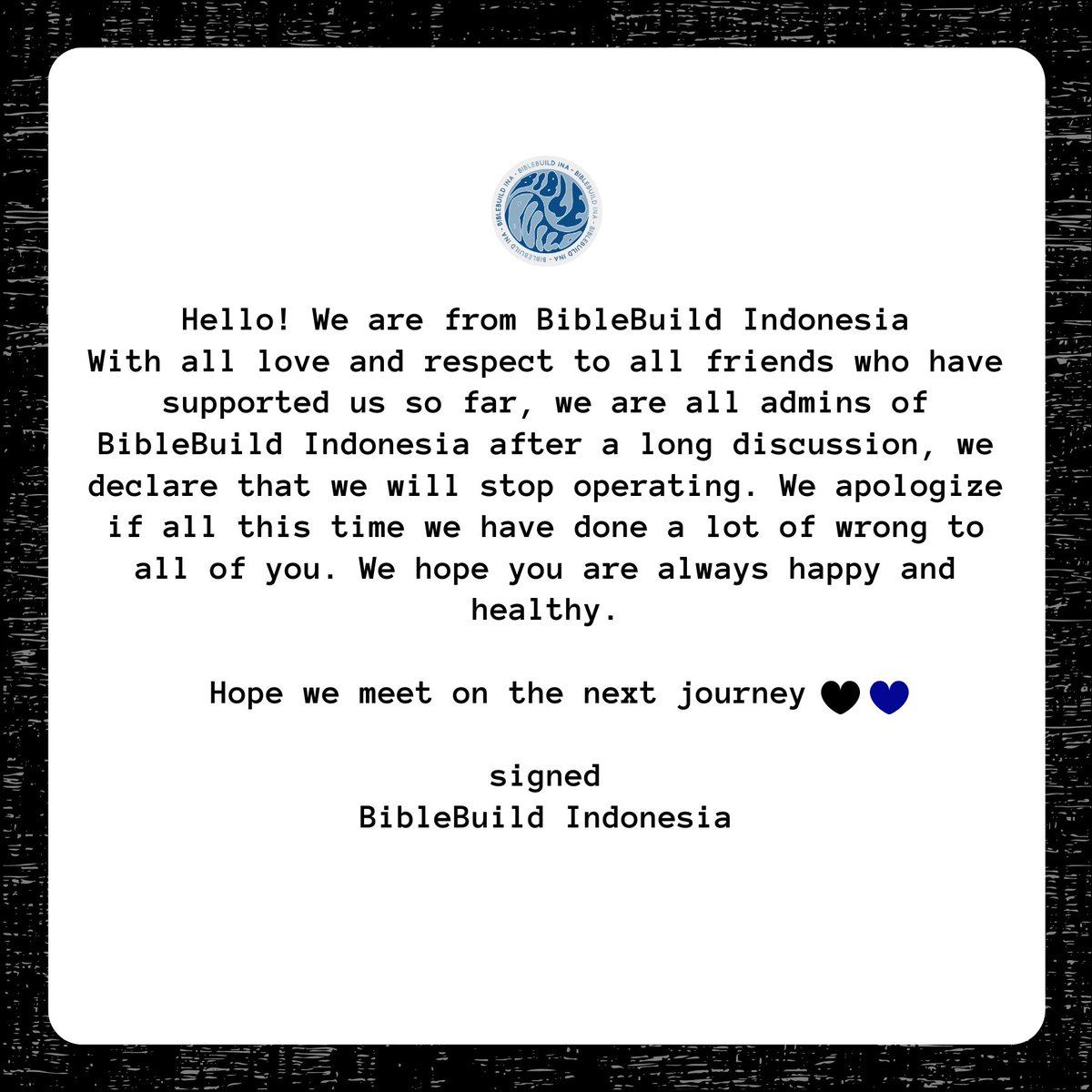 BibleBuild_INA's tweet photo. We will not delete this account, let this be a place to remember the journey we have been through together.
Thank you for everything 🖤💙

#Bubbles https://t.co/uJnWTPa4cH