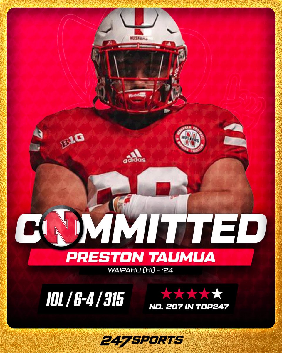 BREAKING: 4⭐️ IOL Preston Taumua, the Class of 2024's No. 1 player in Hawaii, has committed to Nebraska 🌽

Taumua chose the Cornhuskers over Alabama, Oregon, Arizona and Auburn 🏈

MORE: 247sports.com/Article/Nebras…