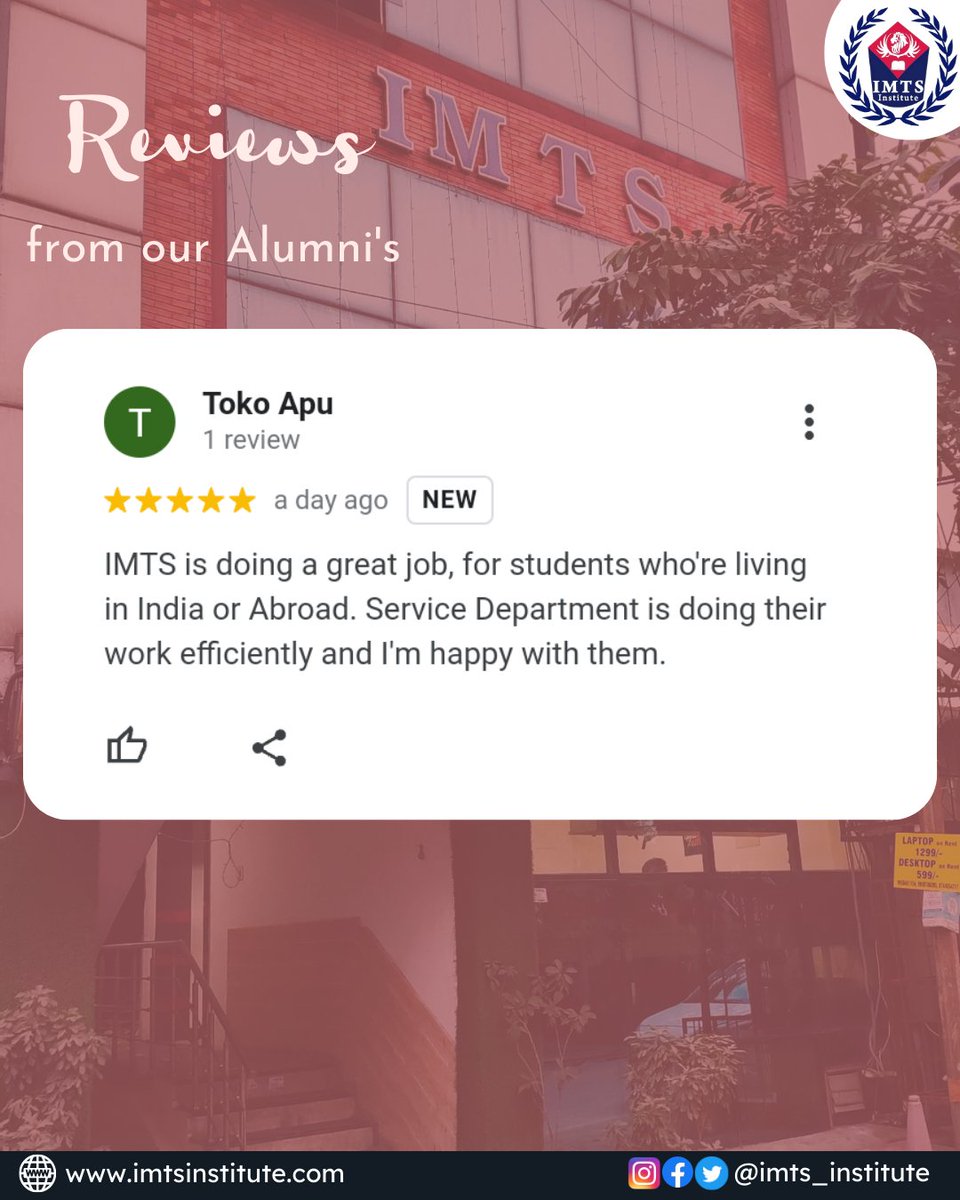 IMTSINSTITUTE's tweet photo. Review from our one of Alumni on Google, Website link in bio-
Follow us for more- @IMTSINSTITUTE
#Reviw #Feedback #ServiceFeedback #Testimonialmonday #Testimonial #Alumnireview #IMTSInstitute https://t.co/xnhsEYdLjN