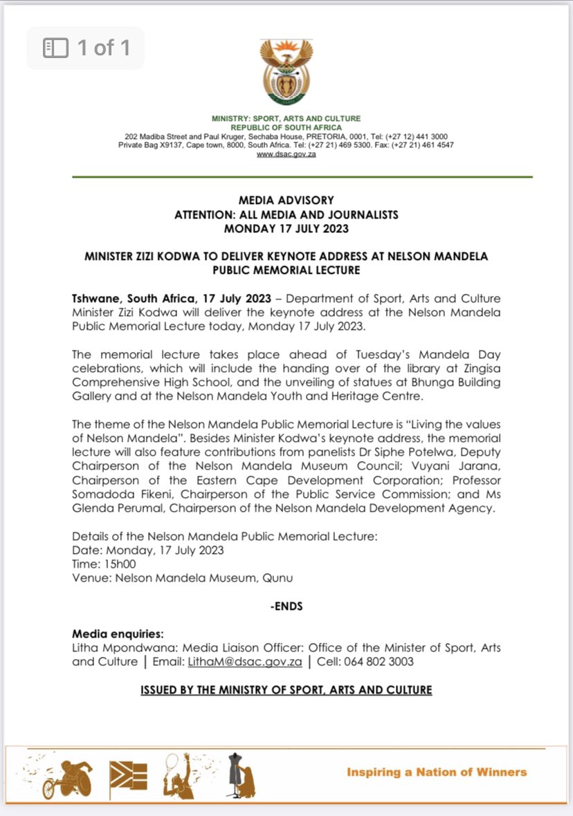 I look forward to delivering the keynote address at the Nelson Mandela Public Memorial Lecture this afternoon in Qunu. Mandela Day is a reminder for us to continue living the values of Nelson Mandela #MandelaDay2023