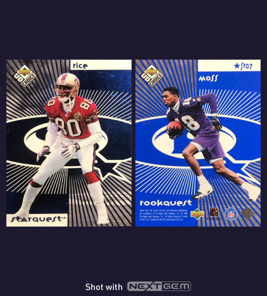 roroweber1's tweet image. 🐐 BONUS CONTEST 🏈

Winner gets this other Moss rookie which also features Jerry Rice!

TO ENTER-
- Share any card from @NextGemApp on Twitter &amp;amp; add the hashtag #nextgemshare

That’s it! Good luck. 🍀 

I use NextGem app to make sharing my cards on Twitter faster &amp;amp; easier. When