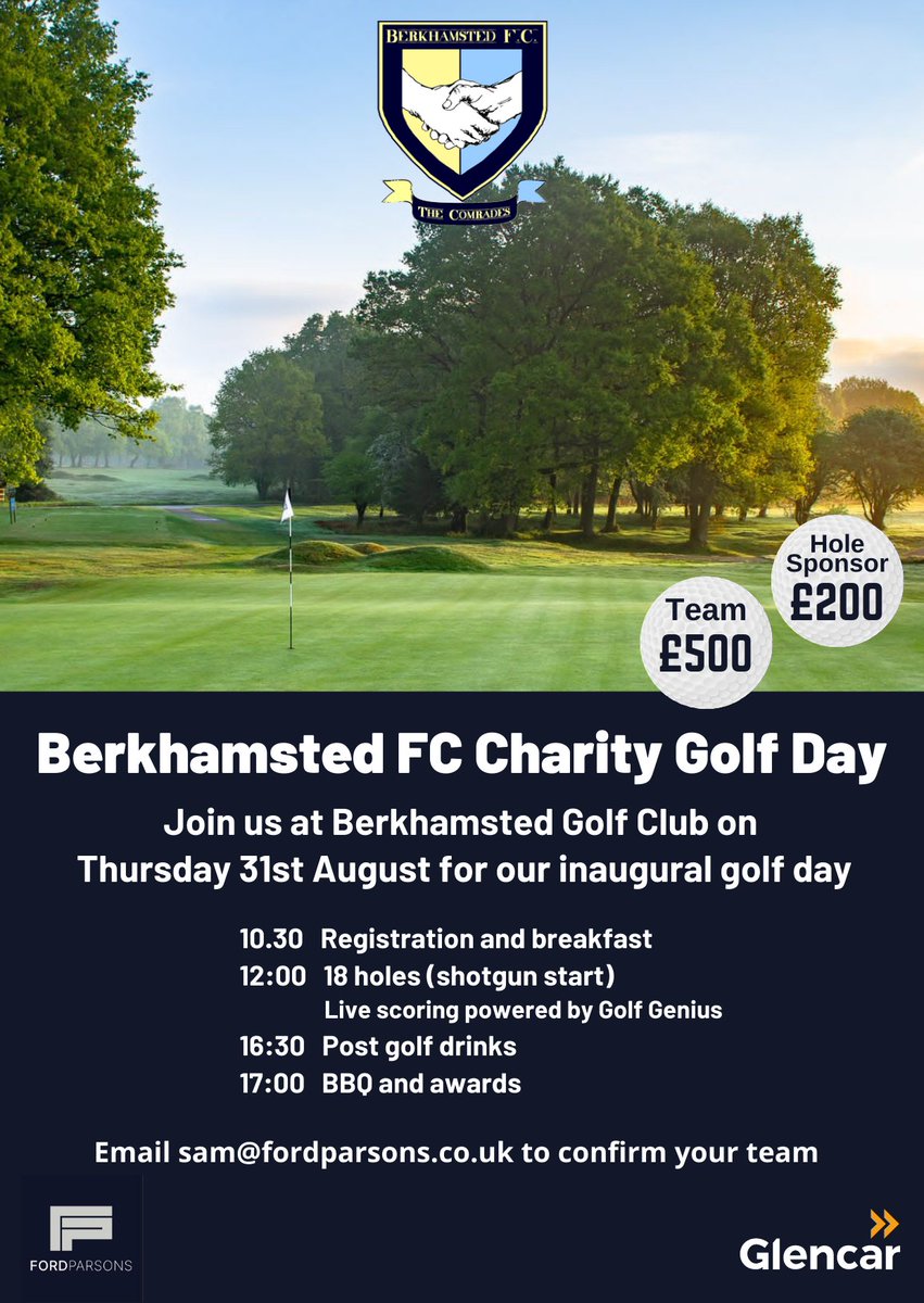 Berkhamsted FC (@berkofc) on Twitter photo Join us <a href="/BerkhamstedGolf/">Berkhamsted Golf</a> club for our inaugural charity golf day. Thursday 31st August, £500 per team. Hole sponsorship available. Email sam@fordparsons.co.uk for more info.
#TheComrades #BerkoFC #CharityGolfDay #Berkhamsted Join us <a href="/BerkhamstedGolf/">Berkhamsted Golf</a> club for our inaugural charity golf day. Thursday 31st August, £500 per team. Hole sponsorship available. Email sam@fordparsons.co.uk for more info.
#TheComrades #BerkoFC #CharityGolfDay #Berkhamsted