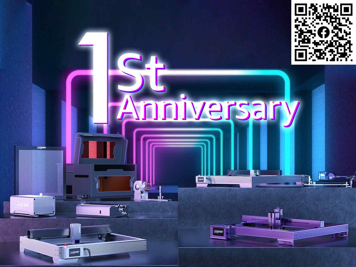 Join us for ATEZR anniversary celebration event! 🍻From 7.18~7.28, we'll be hosting a special event in the Atezr Official Group on Facebook. Scan the QR code in the picture or click the link to join the group. 👉bit.ly/46TLmko #atezr #laserengraver #lasercutter #Giveaway