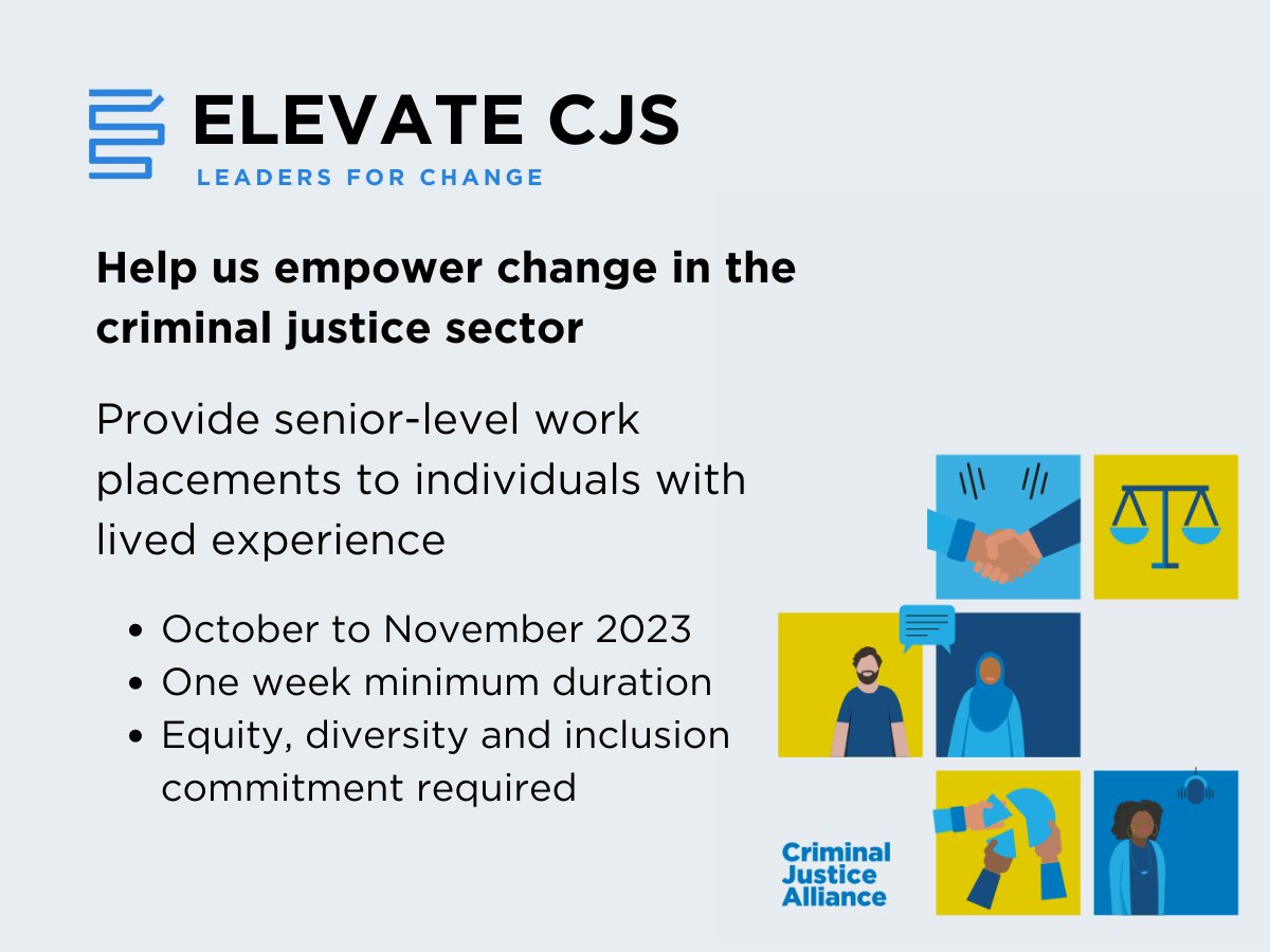 Criminal Justice Alliance (@cjalliance) on Twitter photo 📣 Attention criminal justice community! We're looking for criminal & social justice orgs to provide senior-level work placements for our <a href="/elevatecjs/">ELEVATE CJS</a> participants. Help empower lived experiences and promote inclusive leadership.
Interested? Learn more 👇
criminaljusticealliance.org/blog/work-plac… 📣 Attention criminal justice community! We're looking for criminal & social justice orgs to provide senior-level work placements for our <a href="/elevatecjs/">ELEVATE CJS</a> participants. Help empower lived experiences and promote inclusive leadership.
Interested? Learn more 👇
criminaljusticealliance.org/blog/work-plac…