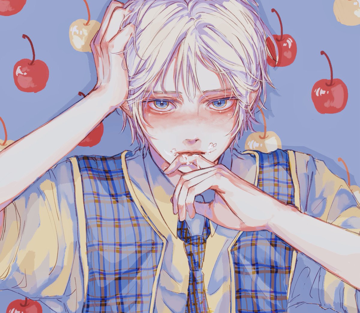 1boy male focus food blue eyes cherry solo fruit  illustration images