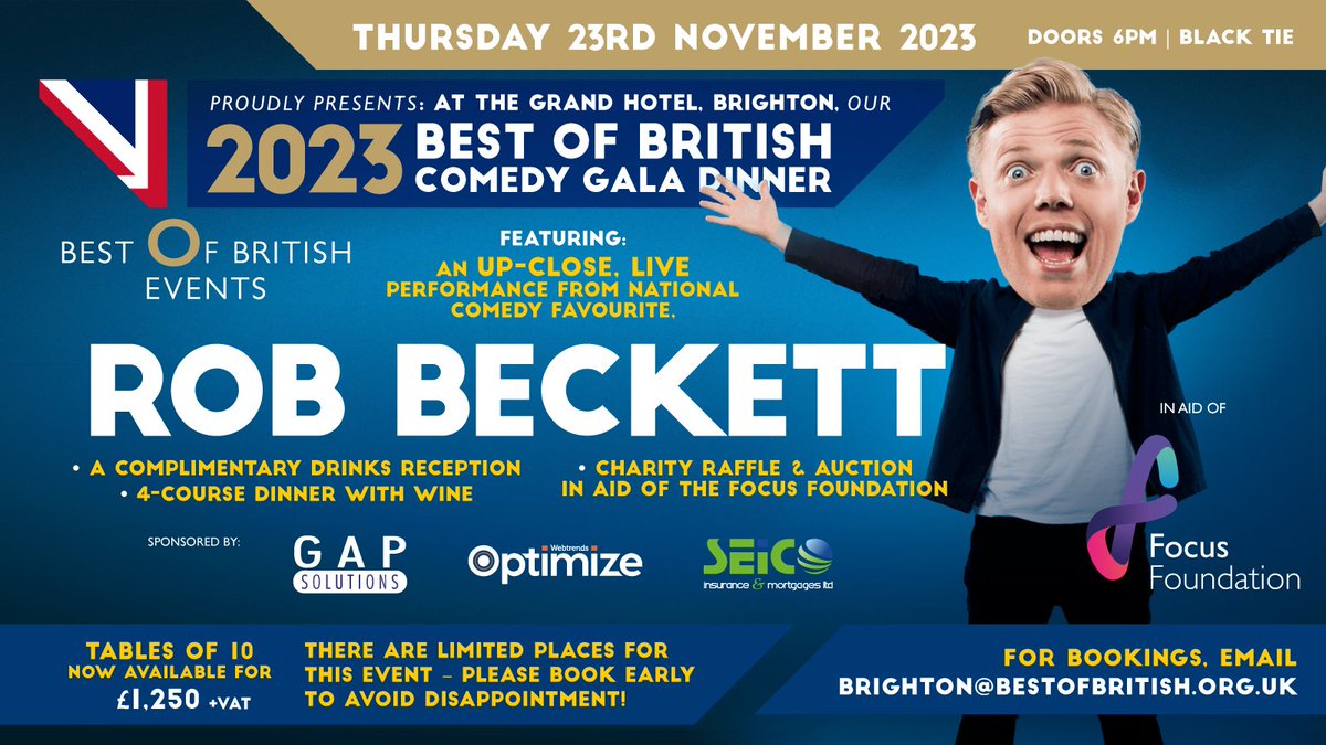 We are back at <a href="/GrandBrighton/">The Grand Brighton</a> for a BOB Comedy Gala Dinner with a LIVE set from ROB BECKETT!  Join us at this very special one off event. Thanks go to <a href="/gapsolutions_/">gap-solutions</a>  <a href="/Seico_Mortgages/">SEICO Insurance & Mortgages</a> <a href="/WTOptimize/">Webtrends Optimize</a> 
#comedy #fundraisingevent #corporateevents #brighton