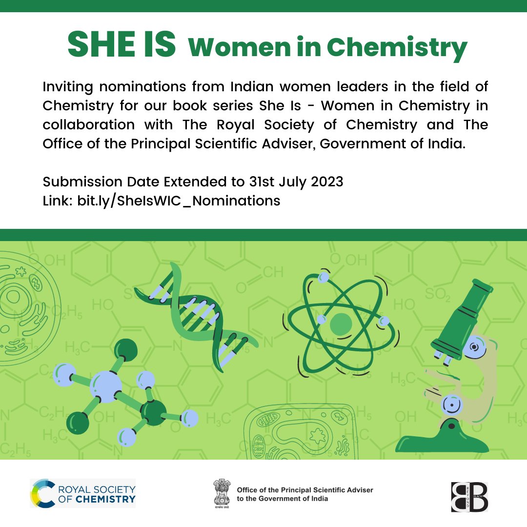 📢We are seeking nominations for our 4th book "She Is - 75 Women in Chemistry", authored by
<a href="/supreetksingh/">supreet k singh</a> &amp; <a href="/elsamariedsilva/">ElsaMarie D'Silva (she/her) 🇮🇳</a>, in collaboration with the <a href="/RoySocChem/">Royal Society of Chemistry</a> and <a href="/PrinSciAdvOff/">Office of Principal Scientific Adviser to the GoI</a>.

Extended date for submission - 31st July 2023!

Link: bit.ly/SheIsWIC_Nomin…… 

#SheIsSeries
