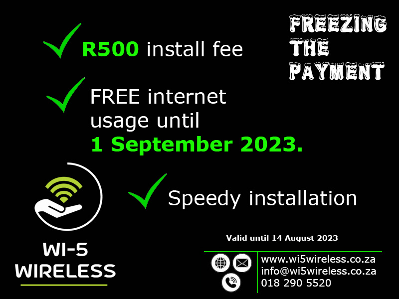 Wi5Wireless's tweet photo. Wi-5 Wireless ISP is taking freezing to the next level this winter 

Special is valid until 14 August 2023.

#Wi5Wireless #GrabIt #Uncapped #Unshaped #Unthrottled #CustomerService #plaaslikpotch

https://t.co/BhyFl9yPx0
018 290 5520
info@wi5wireless.co.za https://t.co/YmIcc5sekh