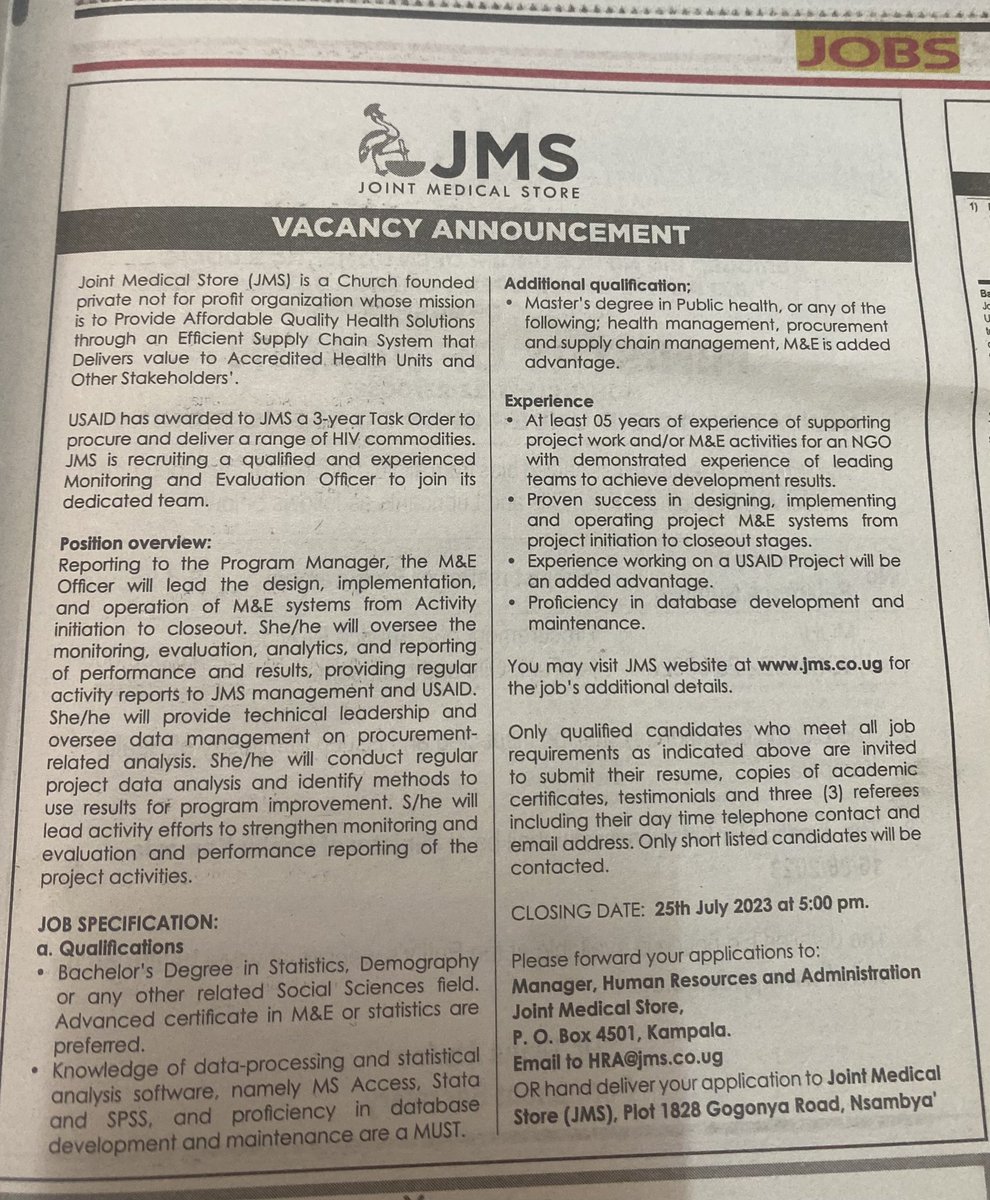 Joint Medical Store on Twitter "Job announcement M and E officer"