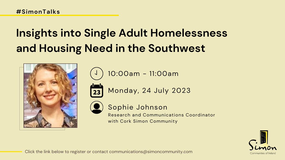 Join us for our July #SimonTalks!
Cork Simon's Sophie Johnson will be exploring some of the key findings of our first #HomeTruths paper - Single Homelessness in the Southwest.

⏲️10:00am - 11:00am
📅Monday, 24th July
📍Register here: lnkd.in/eW-yCX5u