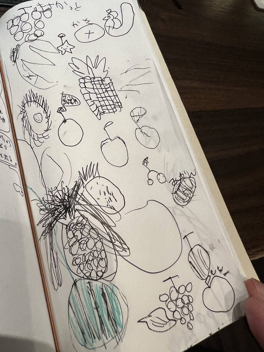 次女6歳の描いたフルーツたちがとても良い。でもパイナップルぽいのがとうもろこしでとうもろこしっぽいのがパイナップルなんだと。パイナップルうまいじゃん!と思ったのだけども