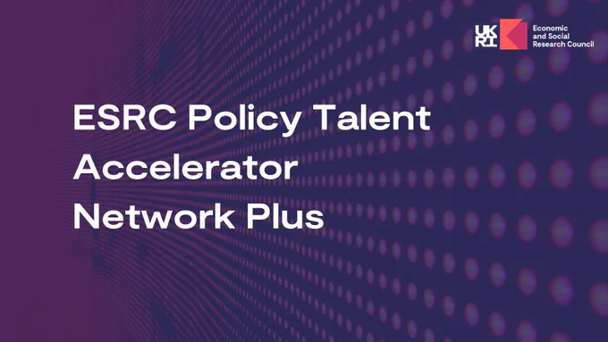 An abstract image of rows of small circular lights is set as a background. The words 'ESRC Policy Talent Accelerator Network Plus' is written on top.