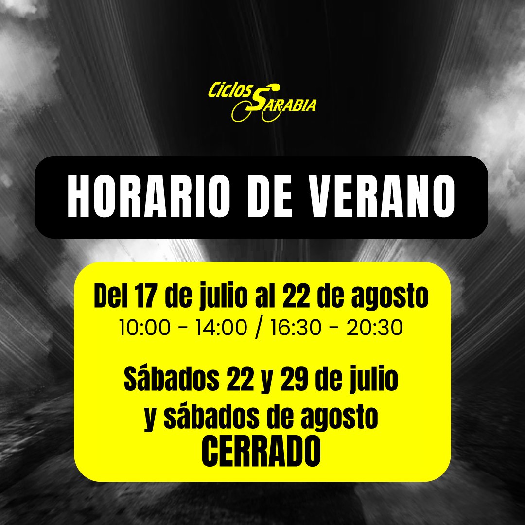 ¡NUEVO HORARIO DE VERANO EN CICLOS SARABIA! 🌞✨

📆 17 JUL - 22 AGO
⏰ 10:00 - 14:00 / 16:30 - 20:30

🚫 Sábados 22, 29 y todos los de agosto CERRADOS

Te esperamos en 📍C/ Jazmín, 1, La Florida, Murcia.

#ciclossarabia #murcia #ciclismo