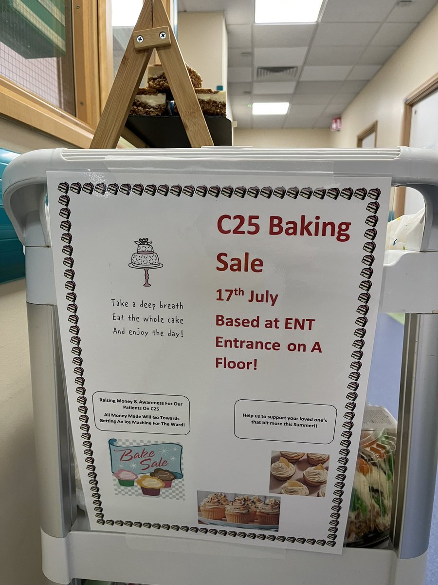 Hazeljsw's tweet photo. C25 Cake Sale 
ENT Entrance today 
Raising money for patients on the  Head and Neck Unit 
@TeamNUH @nottmhospitals @MiriamMutize @laurenghoare https://t.co/Vyg4kiFMkm