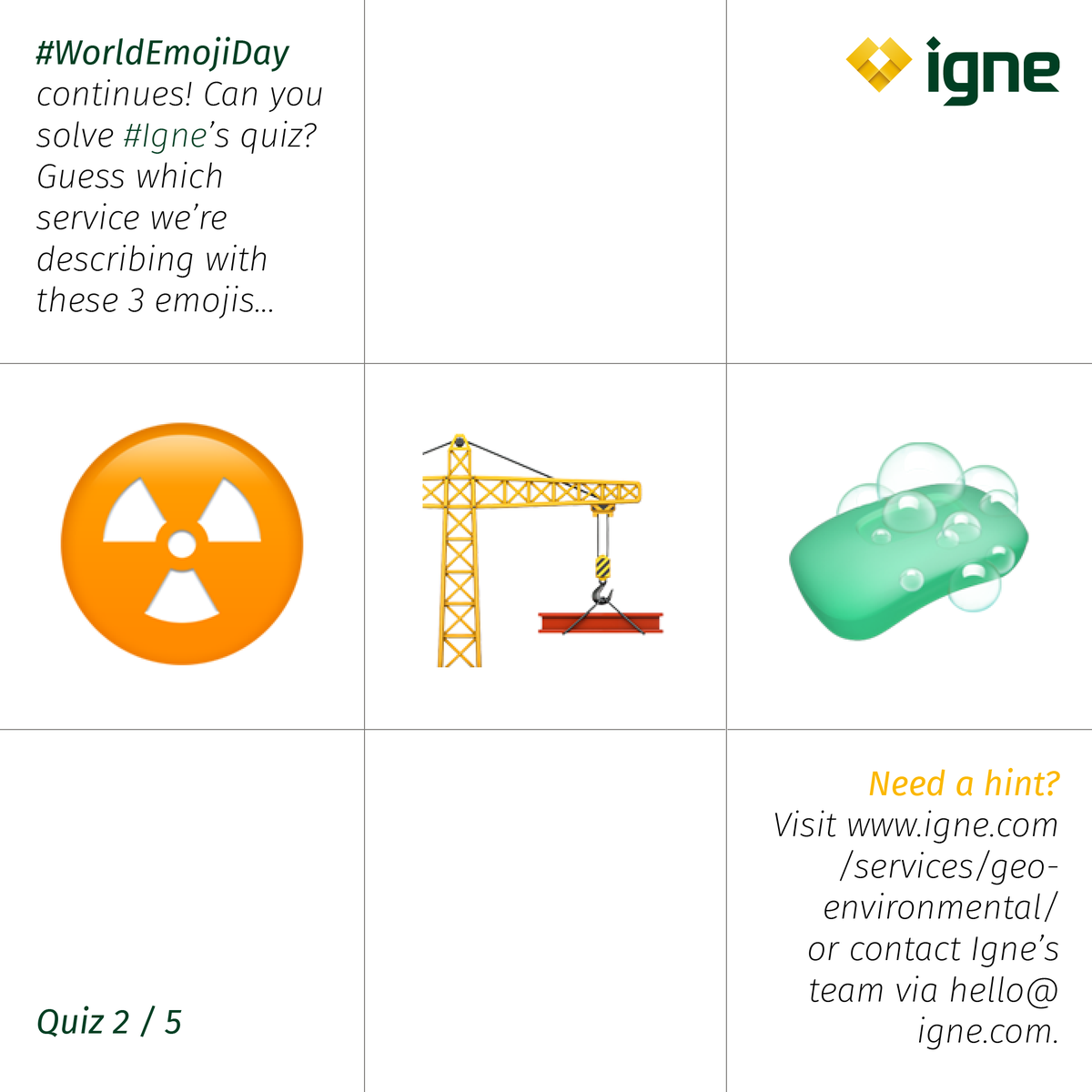 IgneGroup's tweet image. We’re continuing our #Igne themed #WorldEmojiDay quiz! All you have to do is guess which Igne service we’re describing based on the emojis below.

This one is a toughie, so put on your thinking caps! 💡

Quiz #2: ☣️🏗️🧼