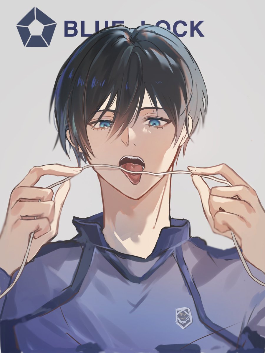 1boy male focus blue eyes black hair tongue solo open mouth  illustration images