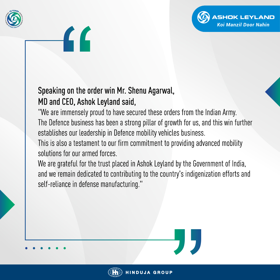 ALIndiaOfficial's tweet photo. Ashok Leyland bags defence orders worth Rs. 800 Crore.

#AshokLeyland #KoiManzilDoorNahin #AshokLeylandIndia #AshokLeylandOfficial https://t.co/aZXyy570dy
