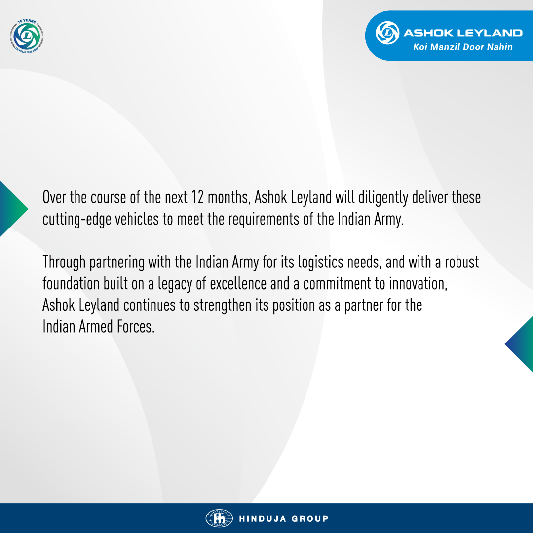 ALIndiaOfficial's tweet photo. Ashok Leyland bags defence orders worth Rs. 800 Crore.

#AshokLeyland #KoiManzilDoorNahin #AshokLeylandIndia #AshokLeylandOfficial https://t.co/aZXyy570dy