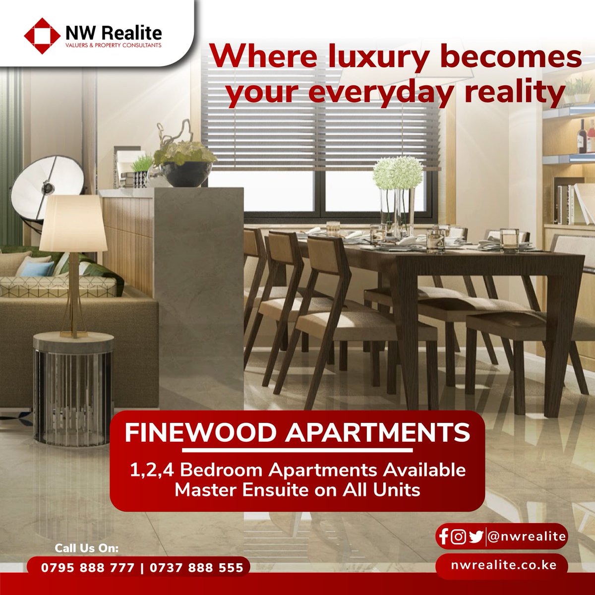 Live the life you've always imagined in this prestigious apartment, where comfort, style, and exclusivity converge. This could be your new home.
Talk to us today
Call Us!
0737 888 555| 0795888777
nwrealite.co.ke/properties
#NWRealite #WeTouchItWeAddValue
