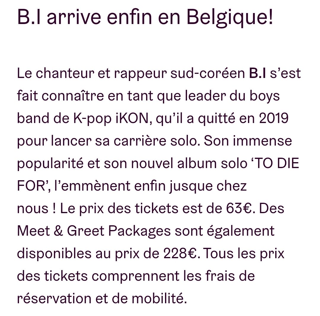 [ℹ️ TICKETS]

Concert 🇧🇪 18.10

✨️Venue/salle : <a href="/ABconcerts/">AB - Ancienne Belgique</a> 

✨️Price/prix 
▶️ GA = 63€
▶️ VIP = 228€

📆 Sales/ventes : 21.07
🔗abconcerts.be/fr/agenda/bi/a…