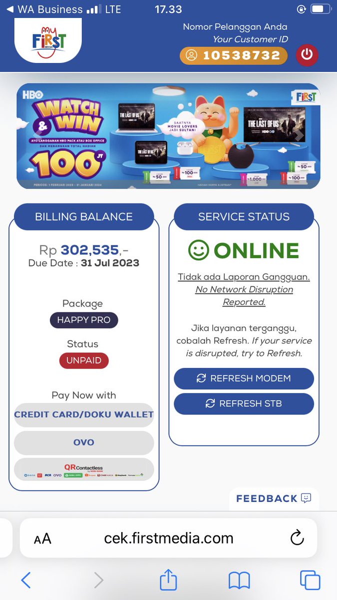 ILYKGY's tweet photo. @FirstMediaCares saya udah bayar tagihan. kenapa status saya masih unpaid di website? https://t.co/9vtsf3G5eu